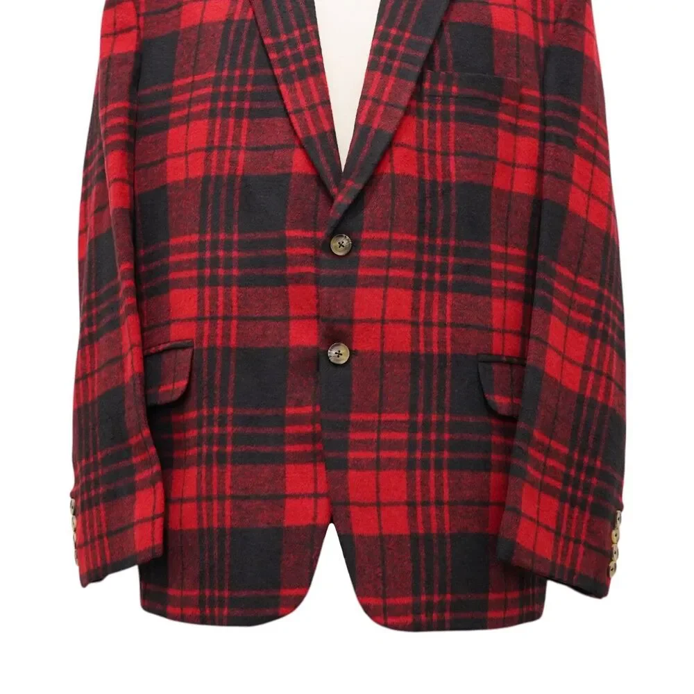 Mens 48R Red Black Plaid Check Wool Blazer Sport Coat Wedding Formal Party